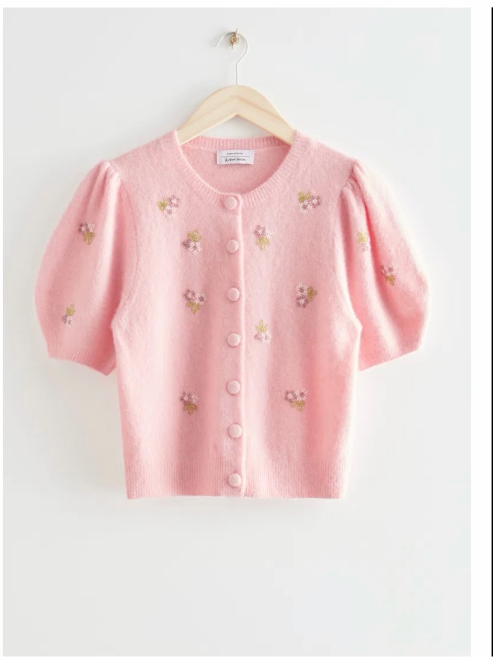& Other Stories Pink Puff-Sleeve Cardigan with Floral Embroidery